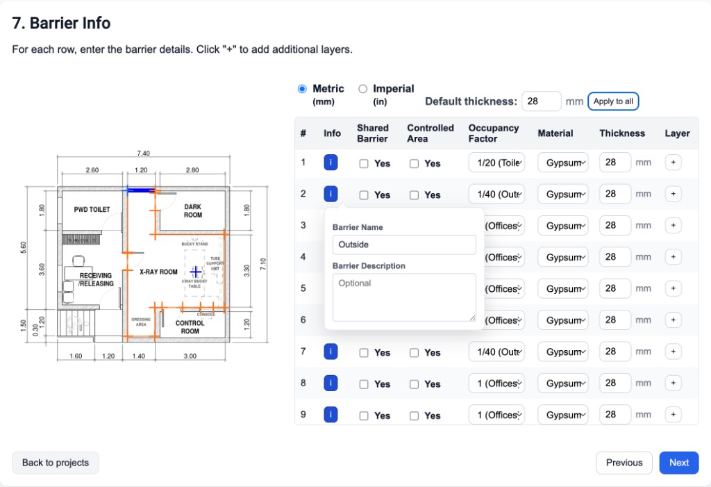Edit barrier assumptions, materials, and occupancies before generating recommendations.
