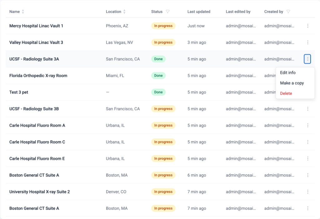 Track and manage shielding projects across rooms, sites, and teams.
